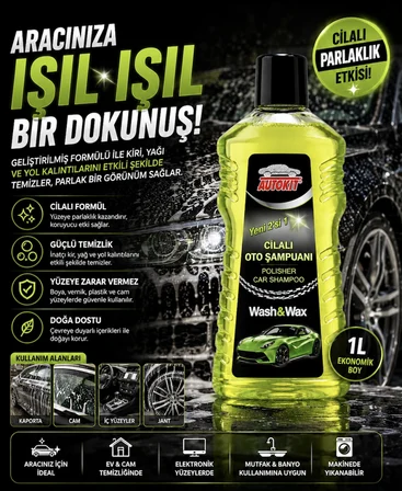 Autokit Parfümlü Cilalı Oto Şampuanı 1 Litre Araç Yıkama Şampuanı Parlaklık Etkili