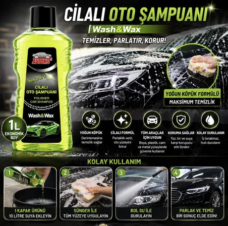 Autokit Parfümlü Cilalı Oto Şampuanı 1 Litre Araç Yıkama Şampuanı Parlaklık Etkili