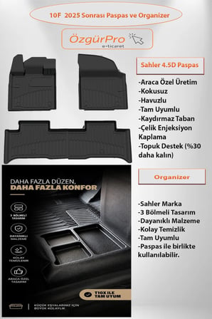Sahler Tog T10F 2025+ Uyumlu 4.5D Pro Premium Havuzlu Oto Paspas Ve Organizer