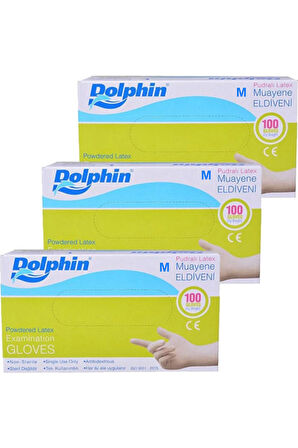 Dolphin Tek Kullanımlık Lateks Beyaz Pudralı Medium Muayne Eldiveni - 3 Adet 100'lü Paket/Koli