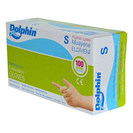 Dolphin Pudralı Latex Muayene Eldiveni Küçük Boy (S) 100 Lü Paket