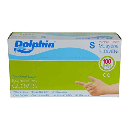 Dolphin Pudralı Latex Muayene Eldiveni Küçük Boy (S) 100 Lü Paket