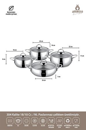 Amboss 18 Parça Class 7 Parça Yanmaz Yapışmaz 8 Parça Paslanmaz Çelik Tencere Seti, 3 Parça Granit Sahan Çeyiz Tencere Seti