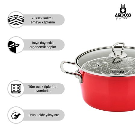 Crispella 22 Cm Cam Kapaklı Emaye Kızartma Tenceresi - Kırmızı
