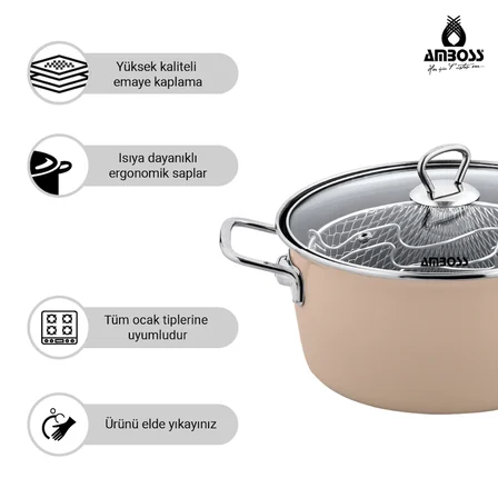 Amboss Crispella 22 Cm Cam Kapaklı Emaye Kızartma Tenceresi- Kahverengi