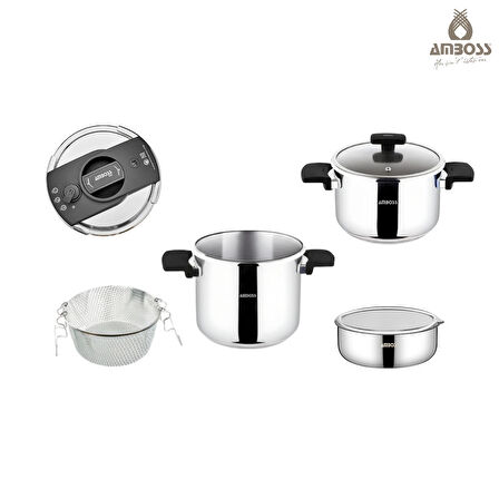 Cook Master 7 Parça Çok Fonksiyonlu Paslanmaz Çelik Buharlı Düdüklü Tencere Seti