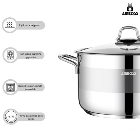 Amboss Saphire Paslanmaz Çelik 24 cm Cam Kapaklı Derin Tencere