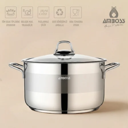 Amboss Saphire Paslanmaz Çelik 28 cm Cam Kapaklı Derin Tencere