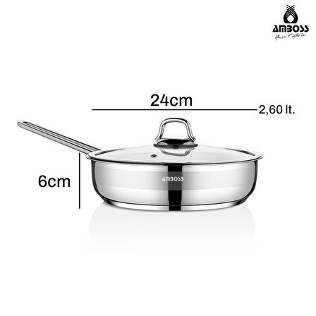 Amboss Saphire Paslanmaz Çelik 24 cm Cam Kapaklı Çelik Tava