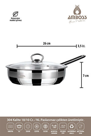 Saphire 26 Cm Paslanmaz Çelik Saplı Cam Kapaklı Tava Sap-4790 Indüksiyon Tabanlı