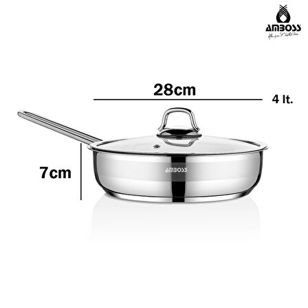 Amboss Saphire Paslanmaz Çelik 28 cm Cam Kapaklı Çelik Tava