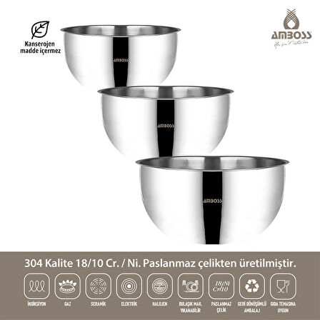 Amboss Paslanmaz Çelik Çok Kullanışlı 3 LÜ KARIŞTIRMA KABI