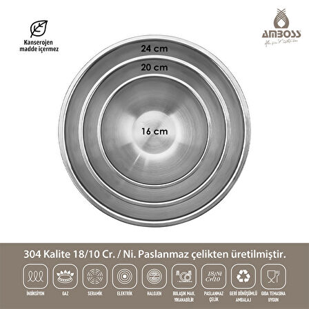 Amboss Paslanmaz Çelik Çok Kullanışlı 3 LÜ KARIŞTIRMA KABI