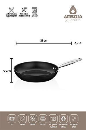 Amboss Dark Yanmaz Yapışmaz 3 Parça Titanyum Kaplama Tava -Cam Kapaklı (28 cm Wok, 28 cm Tava Tek Kapak)