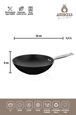 Amboss Dark Yanmaz Yapışmaz 3 Parça Titanyum Kaplama Tava -Cam Kapaklı (28 cm Wok, 28 cm Tava Tek Kapak)