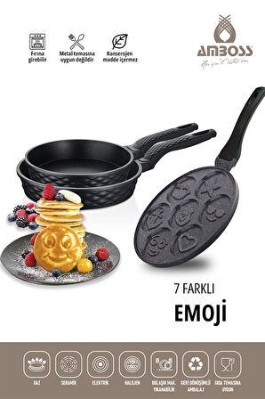 3 Parça Neşeli Emoji Granit Tava & İkili Döküm Tava Seti 3 Parça Neşeli Emoji Granit Tava & İkili Döküm Tava Seti 