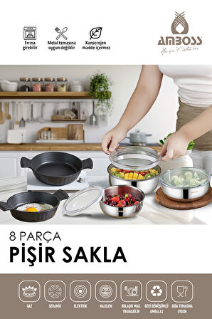 8 Parça Pişir Sakla Sahan & Paslanmaz Çelik Saklama Kabı