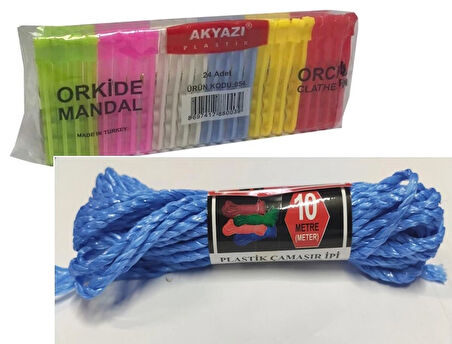 AKYAZI ORKİDE MANDAL PLASTİK 24 ADET+PLASTİK ÇAMAŞIR İPİ 10M