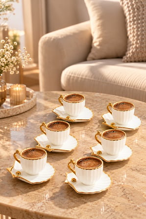 Porsima A-514 6 Kişilik Porselen Türk Kahvesi Fincan Takımı - Zümrüt Gold Istiridye Set