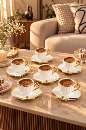 Porsima A-514 6 Kişilik Porselen Türk Kahvesi Fincan Takımı - Zümrüt Gold Istiridye Set