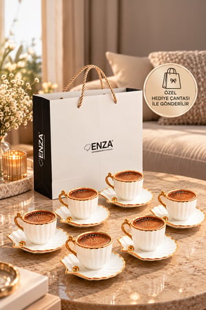 Porsima A-514 6 Kişilik Porselen Türk Kahvesi Fincan Takımı - Zümrüt Gold Istiridye Set
