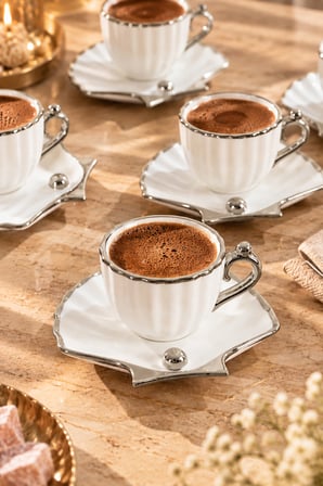 Porsima A-515 6 Kişilik Porselen Türk Kahvesi Fincan Takımı - Zümrüt Platin Istiridye Set