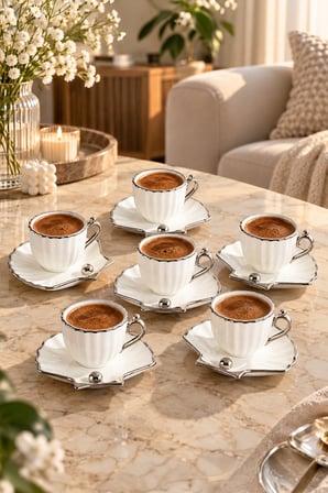 Porsima A-515 6 Kişilik Porselen Türk Kahvesi Fincan Takımı - Zümrüt Platin Istiridye Set