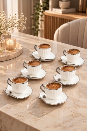 Porsima A-515 6 Kişilik Porselen Türk Kahvesi Fincan Takımı - Zümrüt Platin Istiridye Set