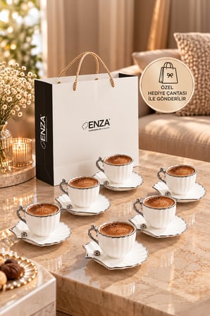 Porsima A-515 6 Kişilik Porselen Türk Kahvesi Fincan Takımı - Zümrüt Platin Istiridye Set