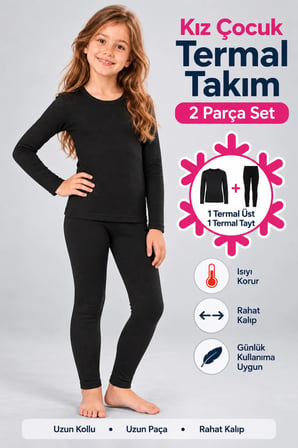 Kız Çocuk Termal Takım (Tutku Yetkili Satıcısı) Siyah Uzun Kollu Termal Üst ve Tayt 2 Parça Kışlık İçlik Seti