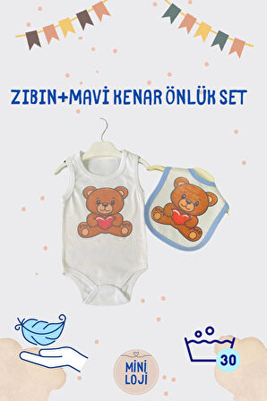 Ayıcık Desenli Bebek Zıbın ve Önlük Seti - Mavi Kenarlı & Pamuklu/Paraşüt Kumaş (0-36 Ay)