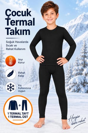 Erkek Çocuk Termal Takım (Tutku Yetkili Satıcısı) Siyah Uzun Kollu Termal Üst ve Tayt 2 Parça Kışlık İçlik Seti