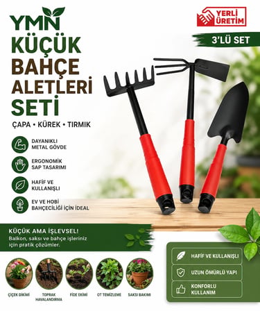  Küçük Bahçe Aletleri Seti Çapa Kürek Tırmık 3'lü Set Yerli Üretim