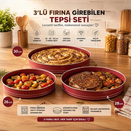 Porsima Montella 3lü Tepsi̇ Seti Fırın Tepsisi 26-28-30cm Kızıl