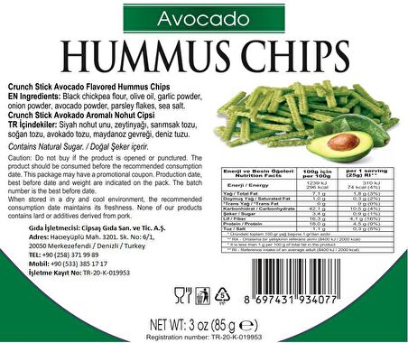 Avokado Aromalı Vegan Glütensiz Fırınlanmış Nohut Cipsi (Hummus Chips)