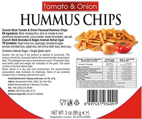 Domates ve Soğan Aromalı Vegan Glütensiz Fırınlanmış Nohut Cipsi (Hummus Chips)