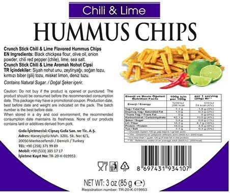 Chili & Lime Aromalı Vegan Glütensiz Fırınlanmış Nohut Cipsi (Hummus Chips)