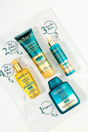 Keratin & Argan Onarıcı Şampuan 300ml + Keratin Argan Saç Bakım Yağı + Saç Kremi+Onarıcı SıvıYağ