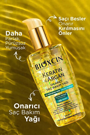 Keratin & Argan Onarıcı Şampuan 300ml + Keratin Argan Saç Bakım Yağı + Saç Kremi+Onarıcı SıvıYağ