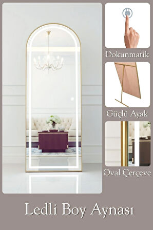 180X60 GOLD  METAL ÇERÇEVELİ BEYAZ LED IŞIKLI OVAL BOY AYNA