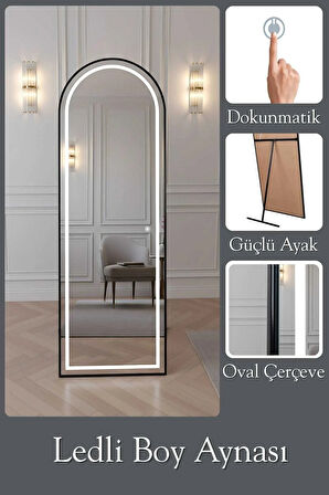 180X60 SİYAH   METAL ÇERÇEVELİ SARI LED IŞIKLI OVAL BOY AYNA