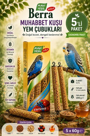 Mavi Yeşil Berra Meyveli Muhabbet Kuşu Yem Çubuğu 5'li Paket | 15 Stick | 300 g | Vitamin ve Mineralli Muhabbet Kuşu Krakeri
