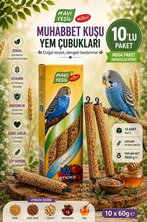 Mavi Yeşil Meyveli Muhabbet Kuşu Yem Çubuğu 10'lu Mega Paket | 30 Stick | 1800 g | Vitamin ve Mineralli Muhabbet Kuşu Krakeri