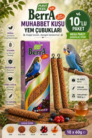 Mavi Yeşil Berra Ballı Meyveli Muhabbet Kuşu Yem Çubuğu 10'lu Mega Paket | 30 Stick | 1800 g | Vitamin ve Mineralli Muhabbet Kuşu Krakeri