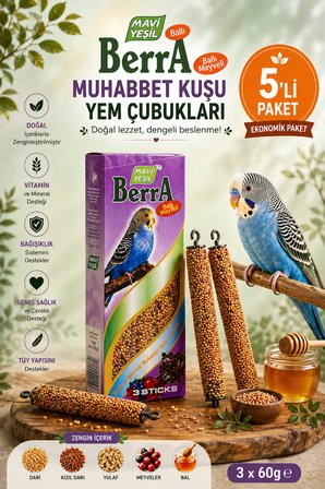 Mavi Yeşil Berra Ballı Meyveli Muhabbet Kuşu Yem Çubuğu 5’li Paket | 15 Stick | 900 g | Vitamin ve Mineralli Muhabbet Kuşu Krakeri