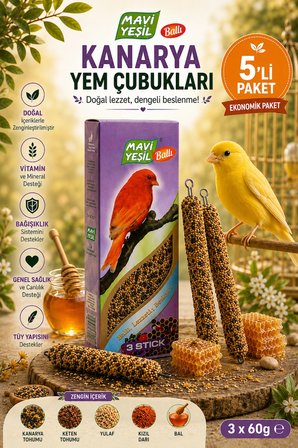 Mavi Yeşil Kanarya Yem Çubuğu Ballı 5'li Paket | 15 Stick | 900 g | Vitamin ve Mineralli Kanarya Krakeri