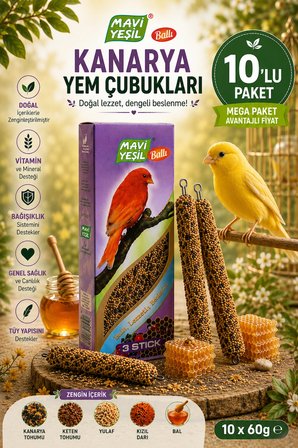 Mavi Yeşil Ballı Kanarya Yem Çubuğu 10'lu Mega Paket | 30 Stick | 1800 g | Vitamin ve Mineralli Kanarya Krakeri