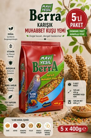 Mavi Yeşil Berra Karışık Muhabbet Kuşu Yemi 5'li Ekonomik Paket | 400 g x 5 | Toplam 2.000 g | Doğal İçerikli Vitamin ve Mineral Destekli