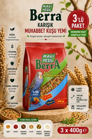 Mavi Yeşil Berra Karışık Muhabbet Kuşu Yemi 3'lü Ekonomik Paket | Doğal İçerikli Vitamin ve Mineral Destekli | Toplam 1.200 g
