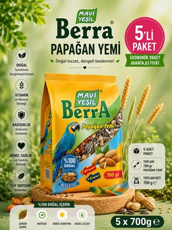 Mavi Yeşil Berra 5'li Paket Papağan Yemi 700 gr | Doğal İçerikli, Vitamin ve Enerji Destekli Papağan Yemi
